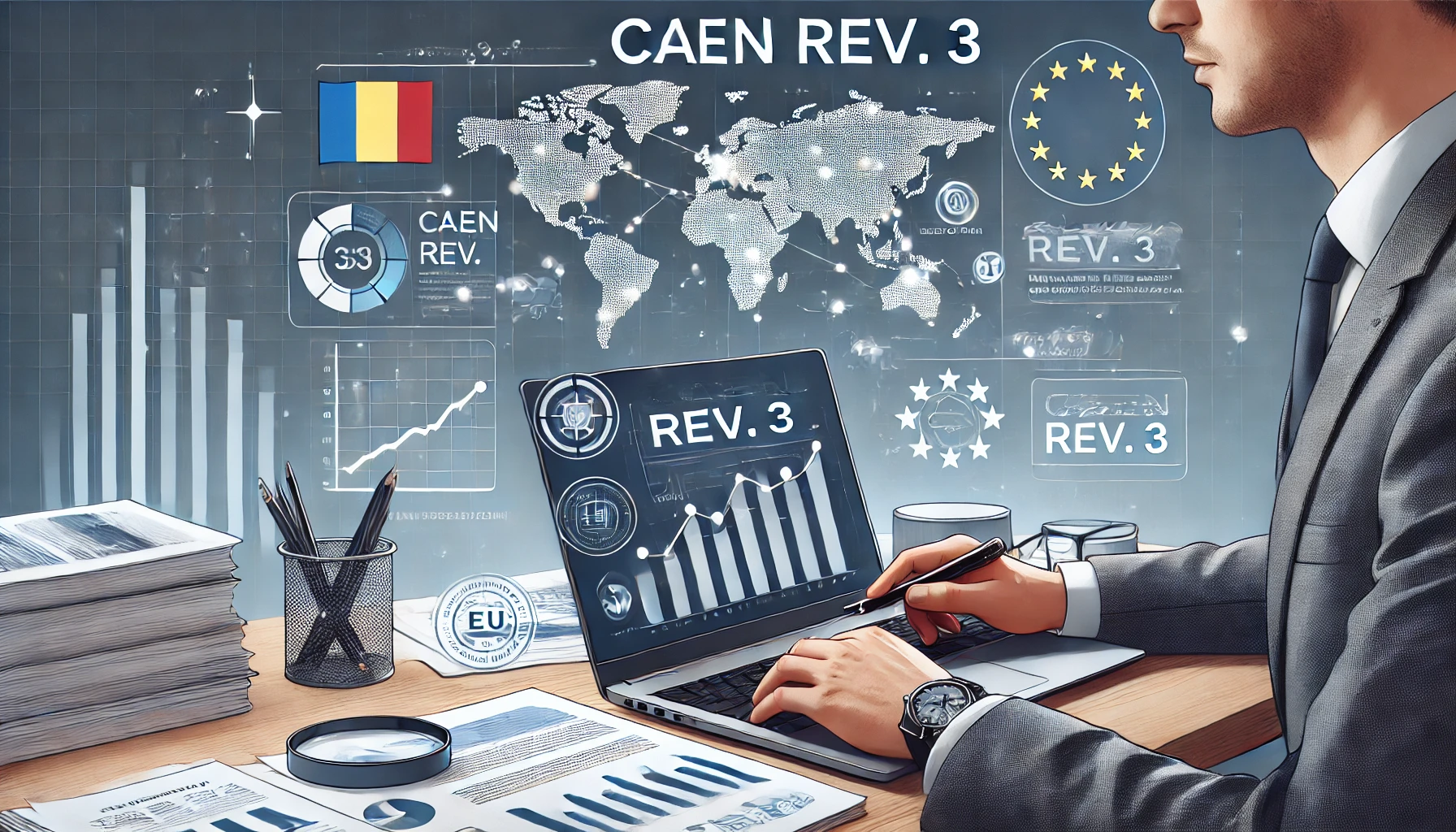 Birou modern cu un laptop care afișează grafice și coduri, simboliz&acirc;nd actualizarea CAEN Rev. 3 și alinierea Rom&acirc;niei la standardele economice europene.