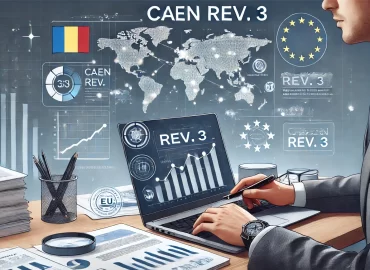 Birou modern cu un laptop care afișează grafice și coduri, simbolizând actualizarea CAEN Rev. 3 și alinierea României la standardele economice europene.