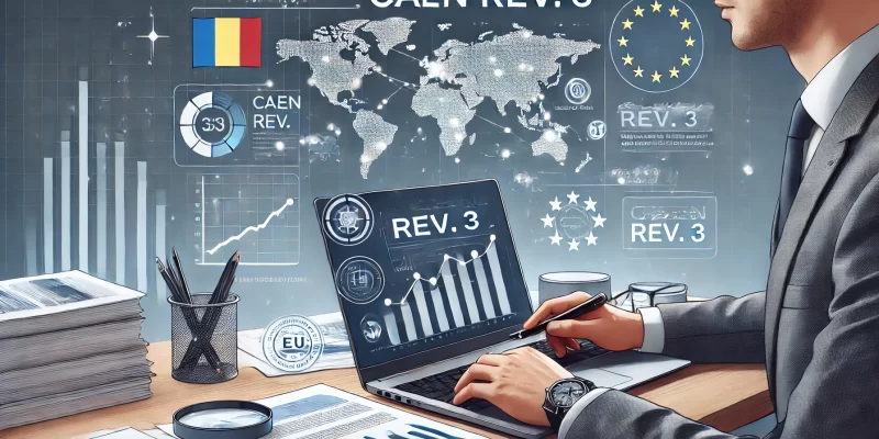 Birou modern cu un laptop care afișează grafice și coduri, simbolizând actualizarea CAEN Rev. 3 și alinierea României la standardele economice europene.